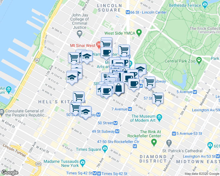 map of restaurants, bars, coffee shops, grocery stores, and more near 304 West 55th Street in New York