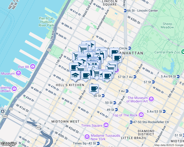 map of restaurants, bars, coffee shops, grocery stores, and more near in New York