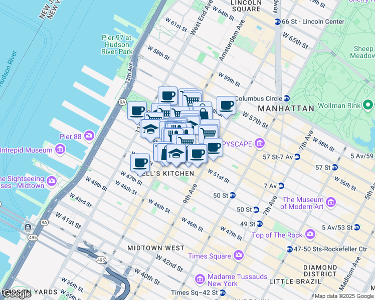 map of restaurants, bars, coffee shops, grocery stores, and more near 458 West 52nd Street in New York