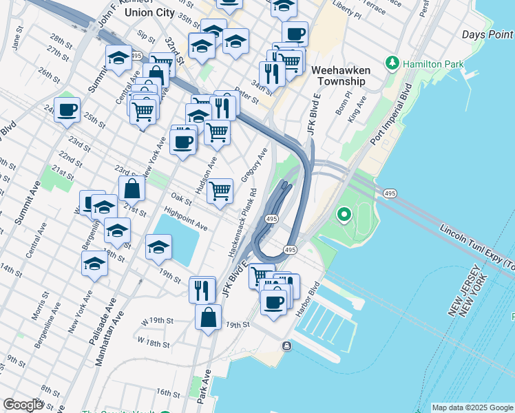 map of restaurants, bars, coffee shops, grocery stores, and more near 518 Gregory Avenue in Weehawken