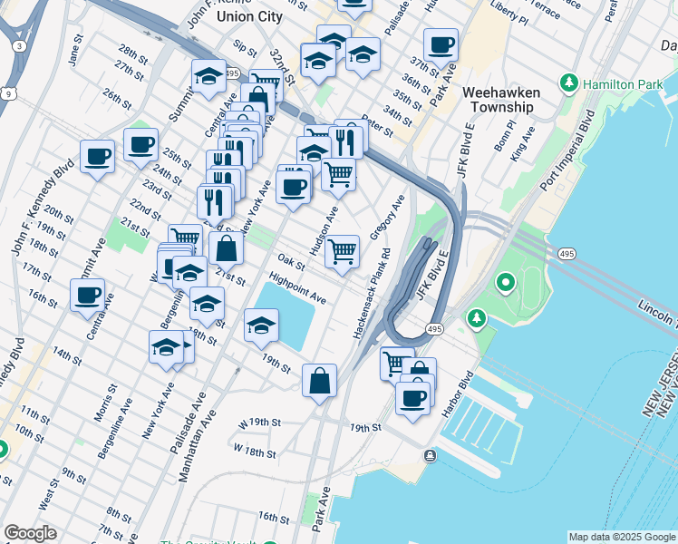 map of restaurants, bars, coffee shops, grocery stores, and more near 104 Shippen Street in Weehawken
