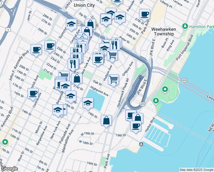 map of restaurants, bars, coffee shops, grocery stores, and more near 134 Oak Street in Weehawken