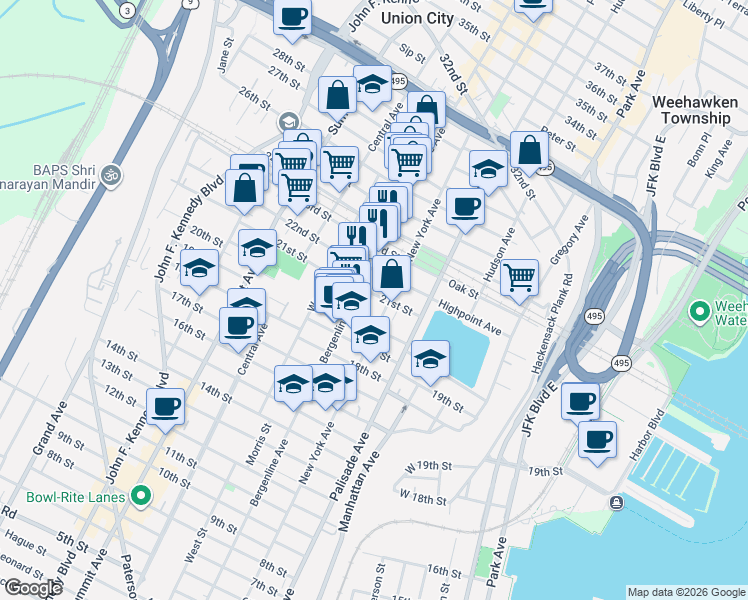 map of restaurants, bars, coffee shops, grocery stores, and more near 2105 New York Avenue in Union City