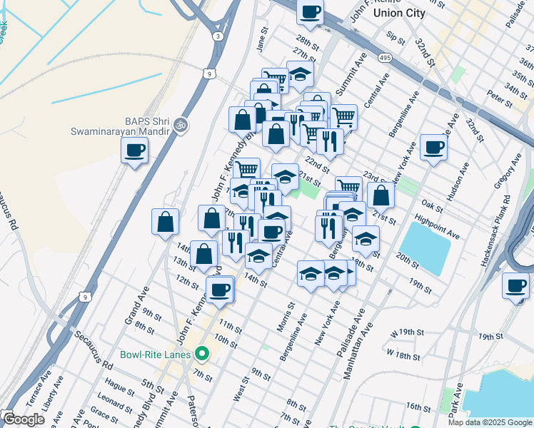 map of restaurants, bars, coffee shops, grocery stores, and more near 1800 Summit Avenue in Union City