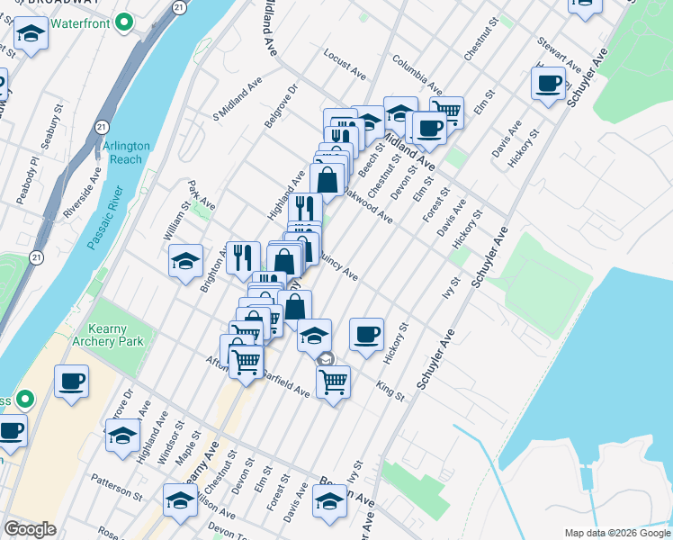 map of restaurants, bars, coffee shops, grocery stores, and more near 418 Chestnut Street in Kearny