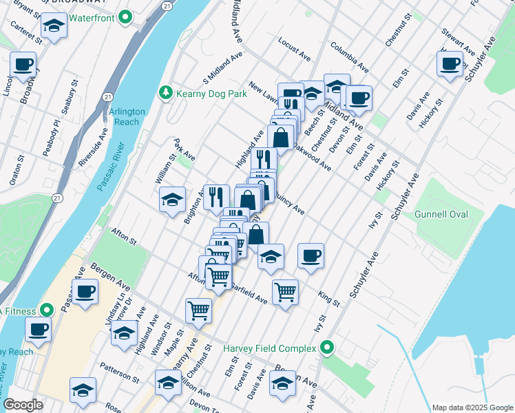 map of restaurants, bars, coffee shops, grocery stores, and more near 425 Kearny Avenue in Kearny