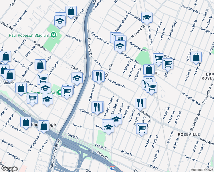 map of restaurants, bars, coffee shops, grocery stores, and more near 286 North Grove Street in East Orange