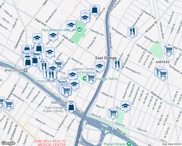map of restaurants, bars, coffee shops, grocery stores, and more near 139 North Arlington Avenue in East Orange