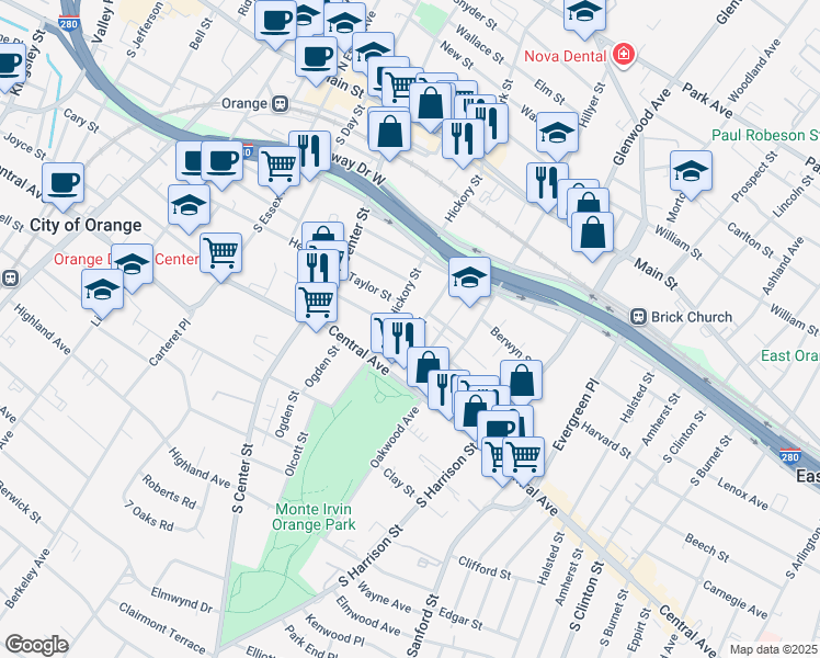 map of restaurants, bars, coffee shops, grocery stores, and more near 162 Central Place in City of Orange