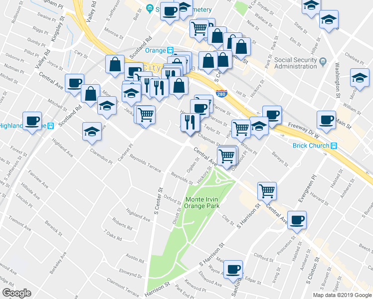 map of restaurants, bars, coffee shops, grocery stores, and more near 210 Central Avenue in City of Orange