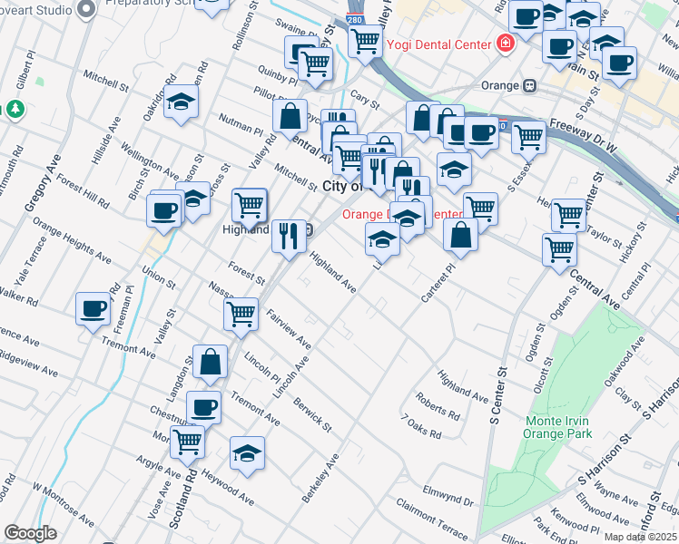 map of restaurants, bars, coffee shops, grocery stores, and more near 463 Highland Avenue in City of Orange