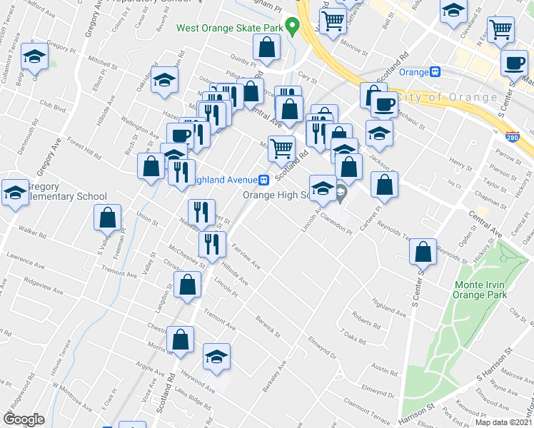 map of restaurants, bars, coffee shops, grocery stores, and more near in City of Orange