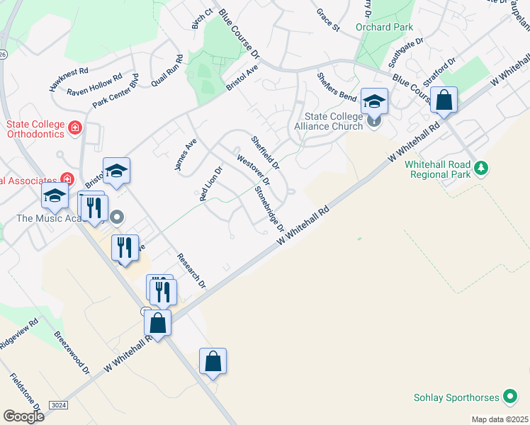 map of restaurants, bars, coffee shops, grocery stores, and more near Sheffield Dr in State College