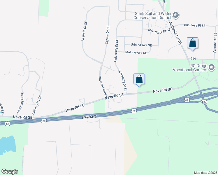 map of restaurants, bars, coffee shops, grocery stores, and more near 2910 Veterans Boulevard in Massillon