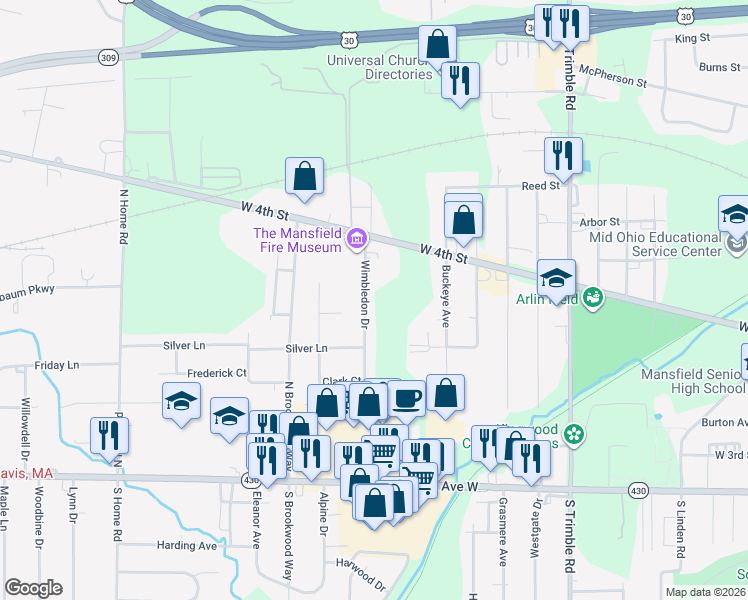 map of restaurants, bars, coffee shops, grocery stores, and more near 246 Wimbledon Drive in Mansfield
