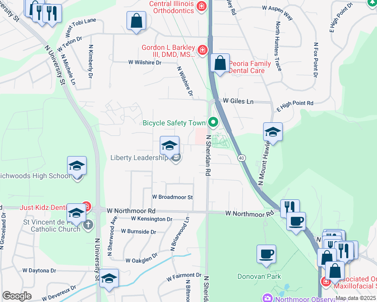 map of restaurants, bars, coffee shops, grocery stores, and more near 722 West Pine Hill Lane in Peoria