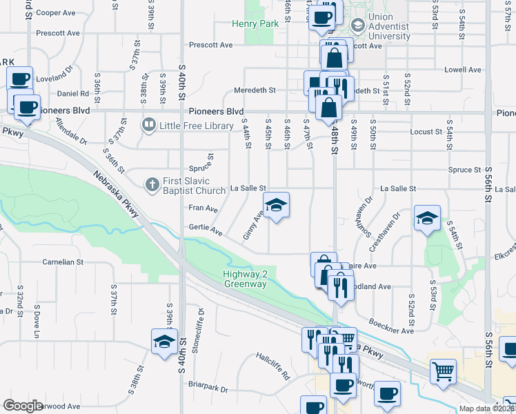 map of restaurants, bars, coffee shops, grocery stores, and more near 4721 South 45th Street in Lincoln