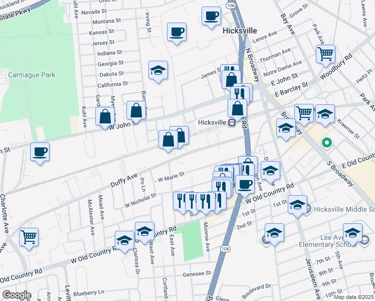 map of restaurants, bars, coffee shops, grocery stores, and more near 148 Duffy Avenue in Hicksville