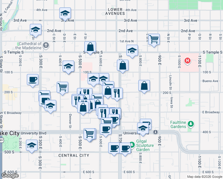 map of restaurants, bars, coffee shops, grocery stores, and more near 625 East 200 South in Salt Lake City