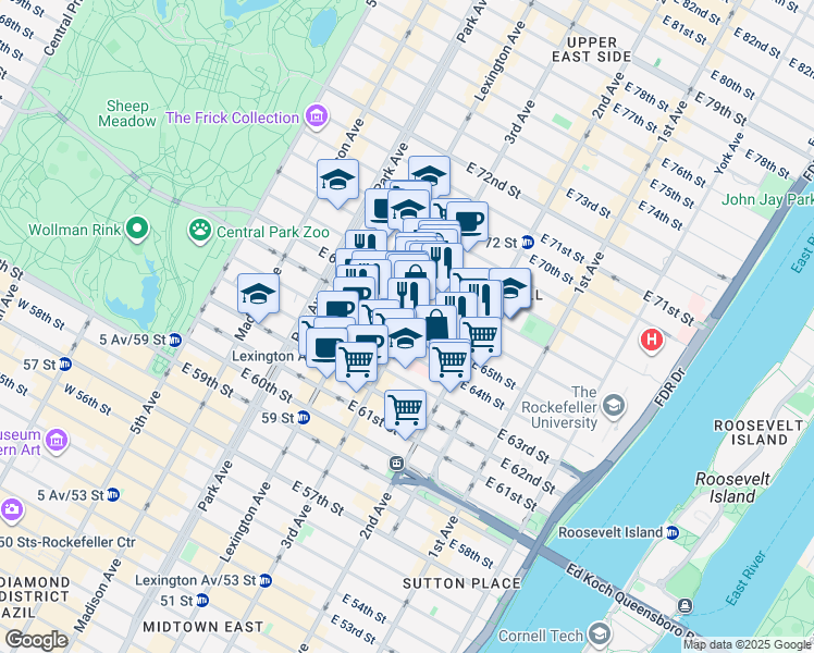 map of restaurants, bars, coffee shops, grocery stores, and more near East 65th Street in New York
