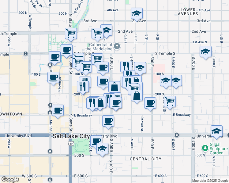 map of restaurants, bars, coffee shops, grocery stores, and more near 315 East 200 South in Salt Lake City