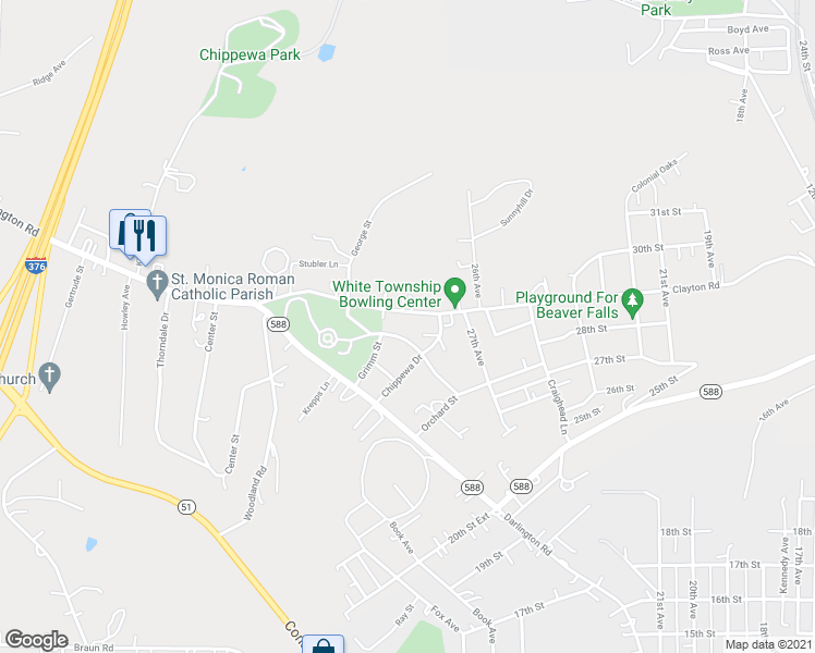 map of restaurants, bars, coffee shops, grocery stores, and more near 2915 Clayton Road in Beaver Falls