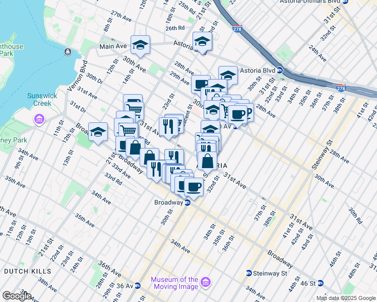 map of restaurants, bars, coffee shops, grocery stores, and more near 31st Avenue in Queens
