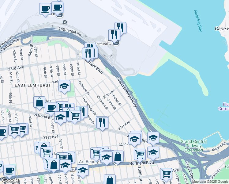 map of restaurants, bars, coffee shops, grocery stores, and more near 106-08 27th Avenue in Queens