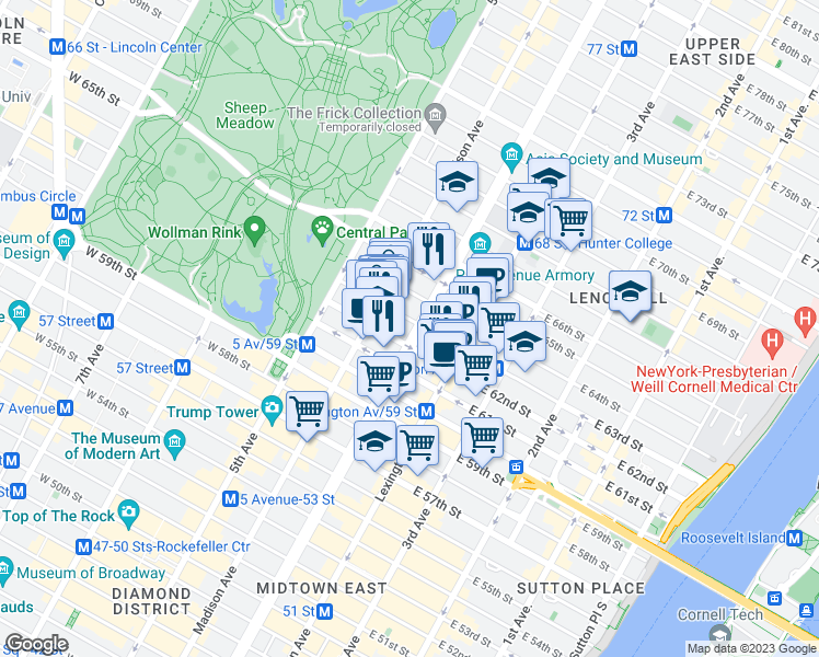 map of restaurants, bars, coffee shops, grocery stores, and more near 570 Park Avenue in New York