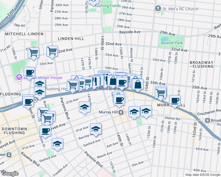 map of restaurants, bars, coffee shops, grocery stores, and more near 35-35 149th Place in Queens
