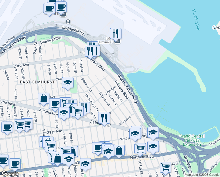 map of restaurants, bars, coffee shops, grocery stores, and more near 25-27 Curtis Street in Queens