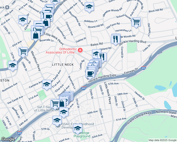 map of restaurants, bars, coffee shops, grocery stores, and more near 53-53 254th Street in Queens