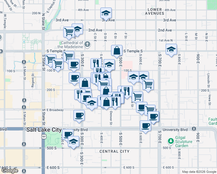 map of restaurants, bars, coffee shops, grocery stores, and more near 425 East 200 South in Salt Lake City