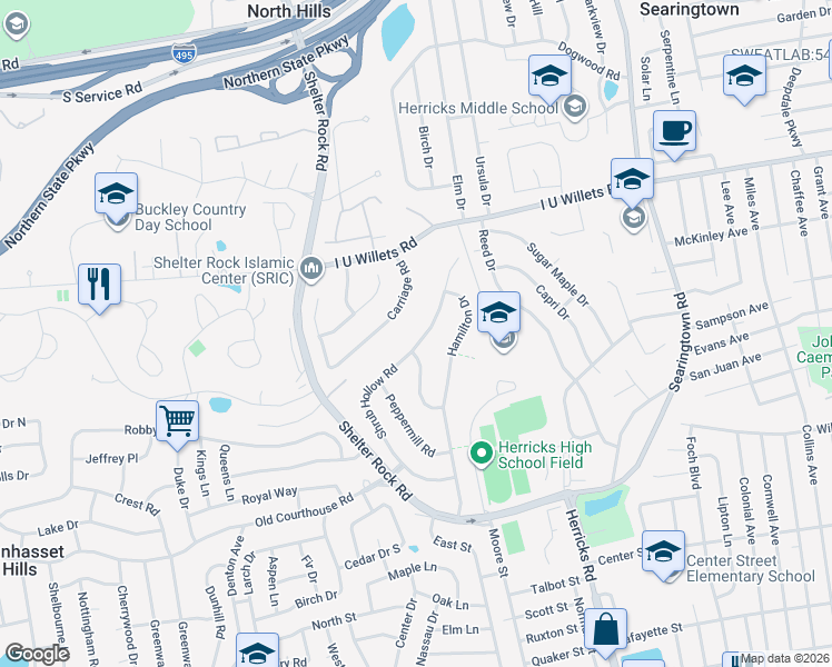 map of restaurants, bars, coffee shops, grocery stores, and more near 115 Shrub Hollow Road in Roslyn