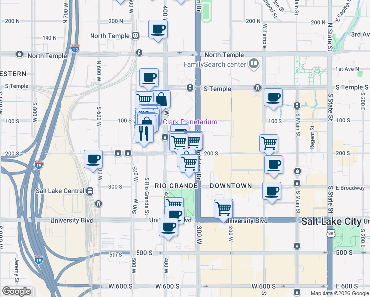 map of restaurants, bars, coffee shops, grocery stores, and more near 328 West 200 South in Salt Lake City