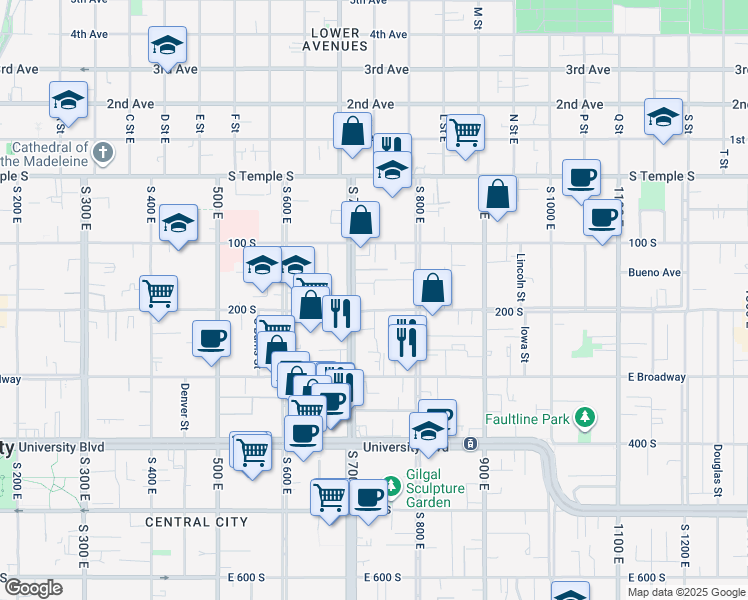 map of restaurants, bars, coffee shops, grocery stores, and more near 150 South 800 East in Salt Lake City