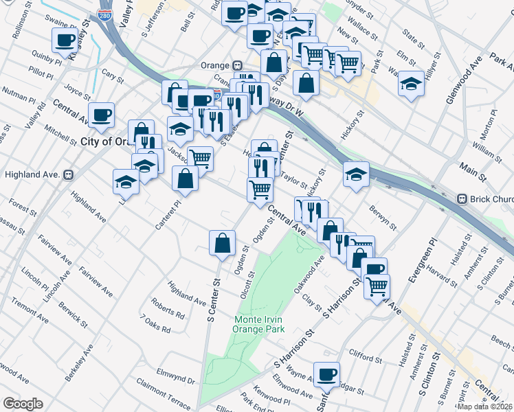 map of restaurants, bars, coffee shops, grocery stores, and more near 210 Central Avenue in City of Orange