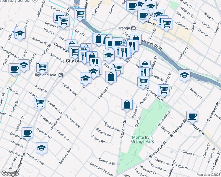 map of restaurants, bars, coffee shops, grocery stores, and more near 300 Carteret Place in City of Orange