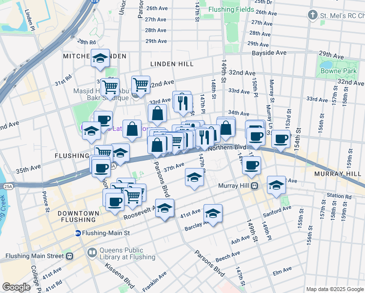 map of restaurants, bars, coffee shops, grocery stores, and more near 35-20 146th Street in Queens