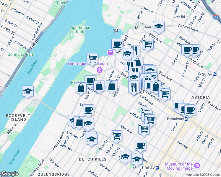 map of restaurants, bars, coffee shops, grocery stores, and more near 33-50 12th Street in Queens
