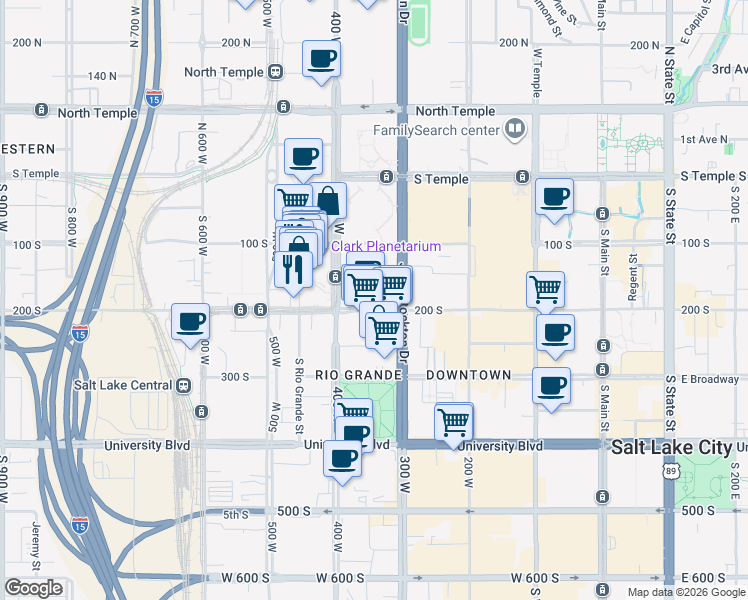 map of restaurants, bars, coffee shops, grocery stores, and more near 328 West 200 South in Salt Lake City