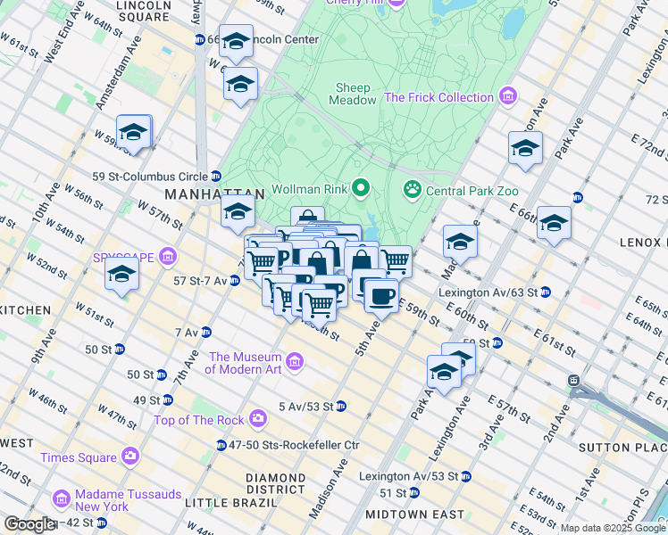map of restaurants, bars, coffee shops, grocery stores, and more near 42 Central Park South in New York