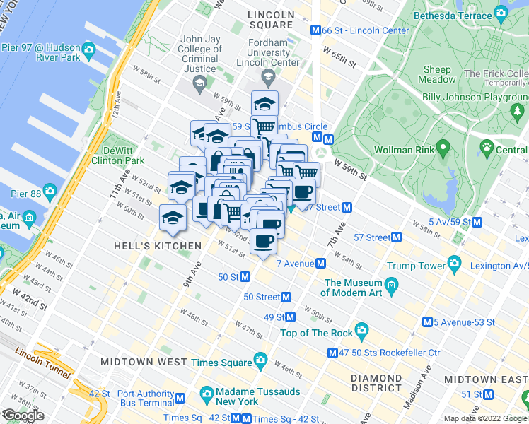 map of restaurants, bars, coffee shops, grocery stores, and more near 345 West 53rd Street in New York