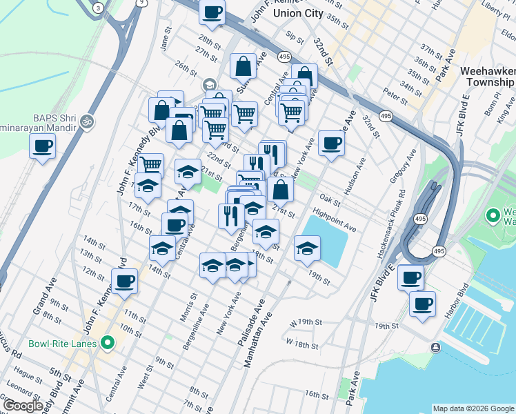 map of restaurants, bars, coffee shops, grocery stores, and more near 2025 Bergenline Avenue in Union City