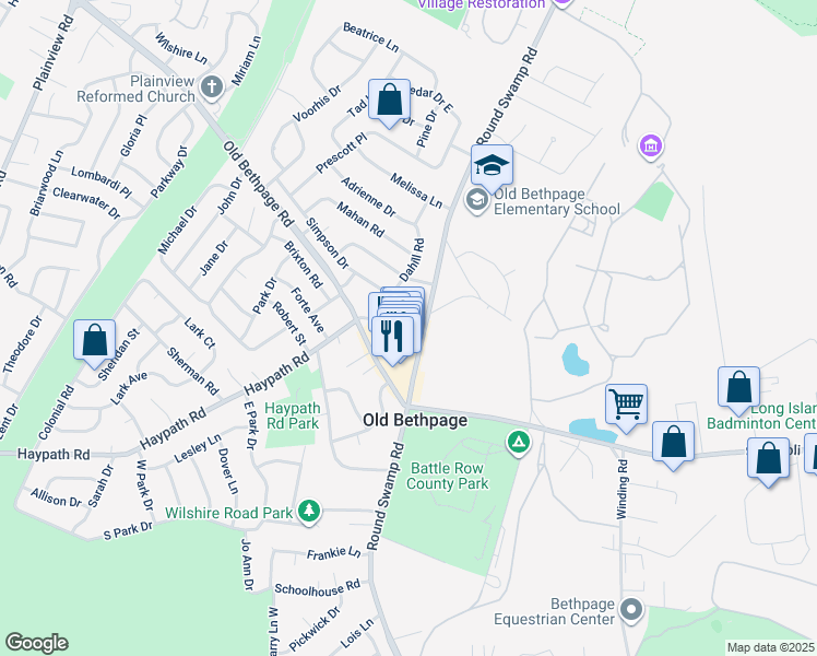 map of restaurants, bars, coffee shops, grocery stores, and more near 282 Haypath Road in Old Bethpage