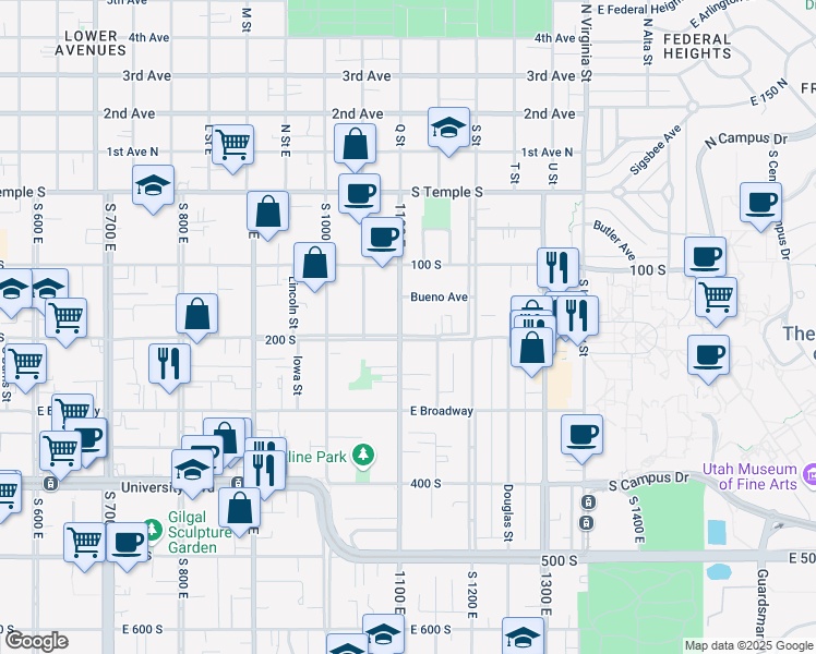 map of restaurants, bars, coffee shops, grocery stores, and more near 1105 East 200 South in Salt Lake City