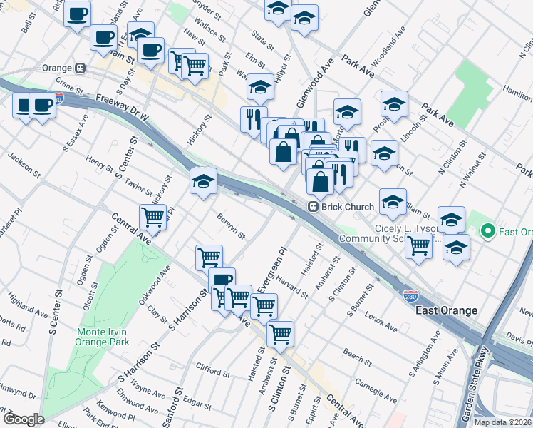map of restaurants, bars, coffee shops, grocery stores, and more near 65 South Harrison Street in East Orange