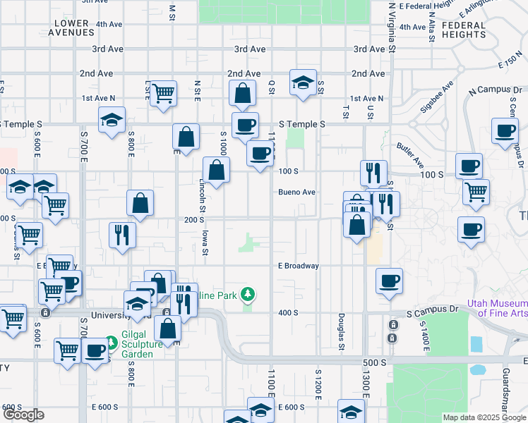 map of restaurants, bars, coffee shops, grocery stores, and more near 1105 East 200 South in Salt Lake City