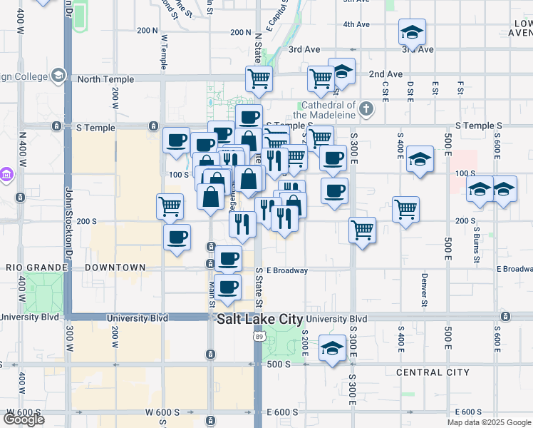 map of restaurants, bars, coffee shops, grocery stores, and more near 105 East 200 South in Salt Lake City