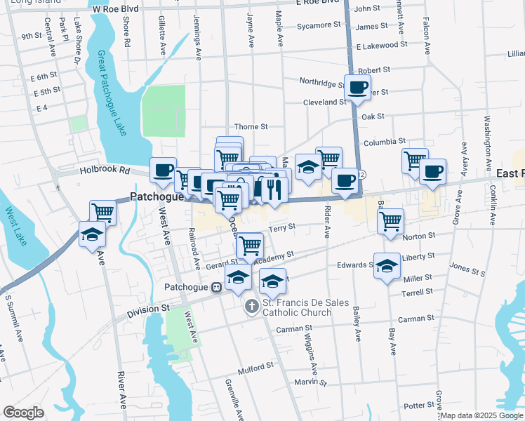 map of restaurants, bars, coffee shops, grocery stores, and more near 116 East Main Street in Patchogue